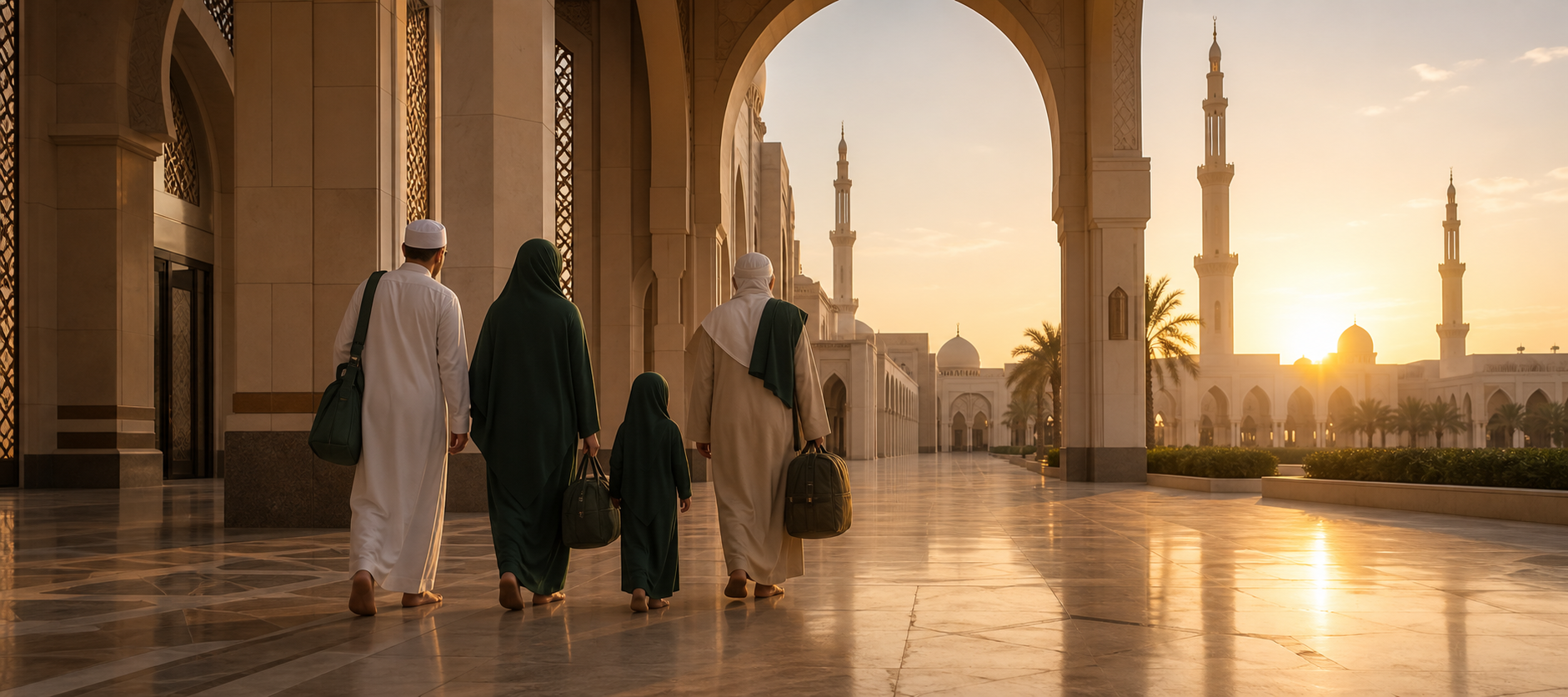 Muslim family walking through an arched courtyard toward a mosque at sunrise.